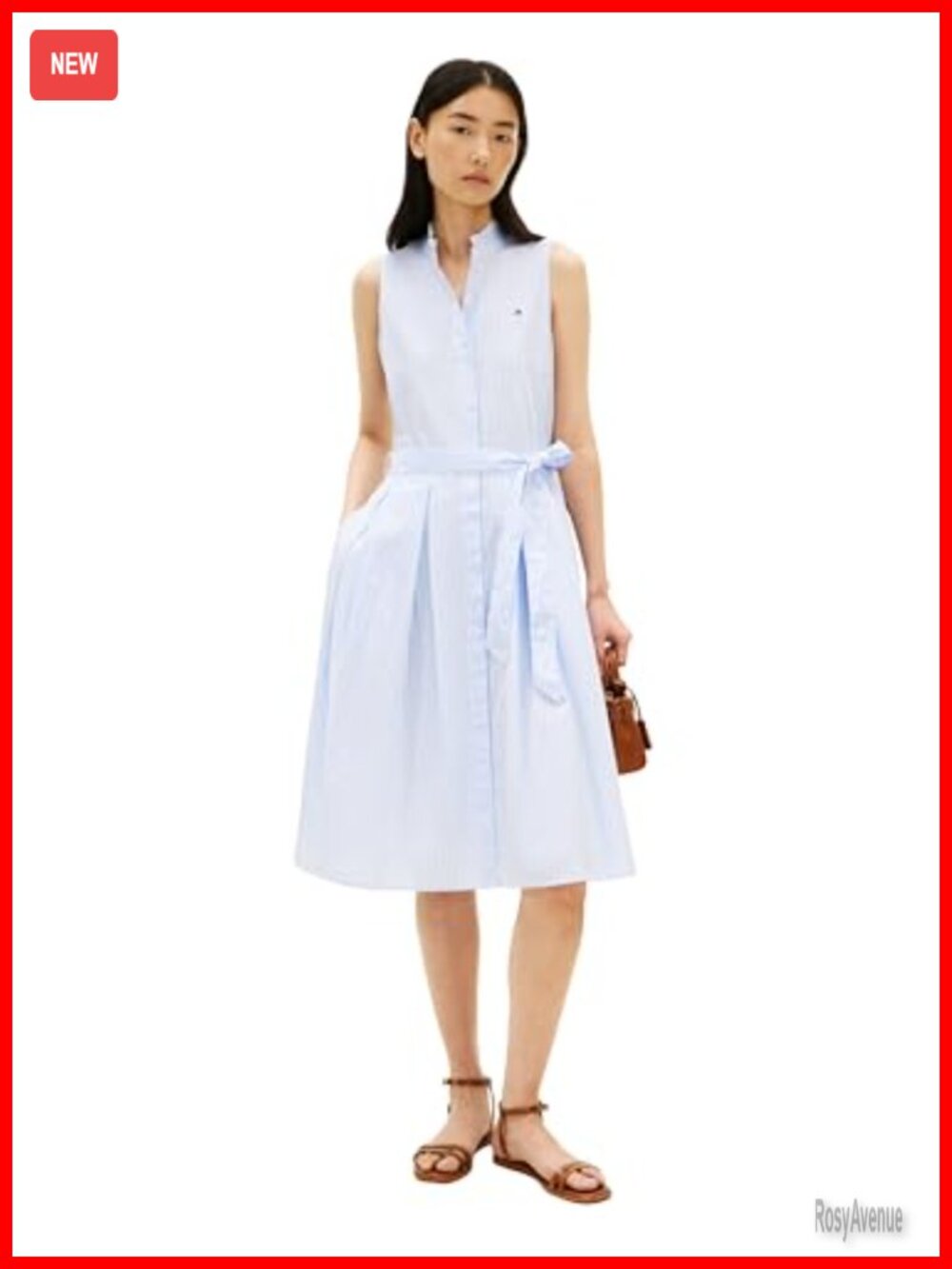 Sleeveless Cotton Poplin Frill Shirt Dress Button Up Waist Tie